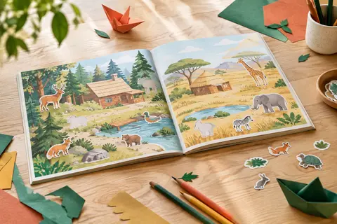 Bloc d’activités ouvert avec des décors d’habitats et des autocollants repositionnables d’animaux