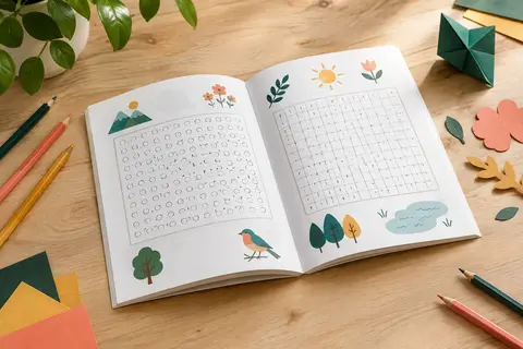 Cahier de mots mêlés ouvert sur une table claire, accompagné de crayons de couleur et de papiers découpés.