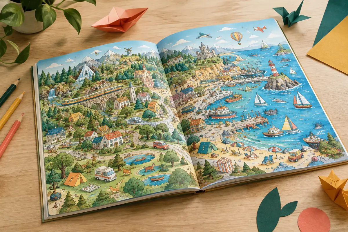 Livre cherche et trouve ouvert sur une table claire, avec des scènes illustrées et quelques crayons colorés