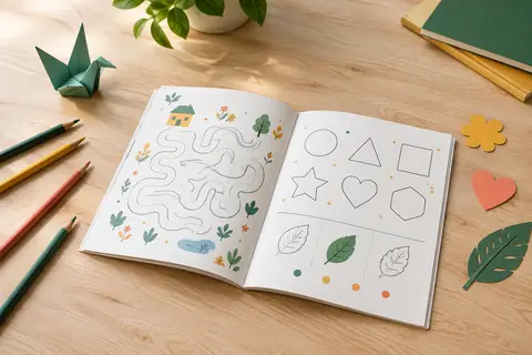 Livre souple de devinettes et d’énigmes ouvert sur une table en bois clair avec des crayons