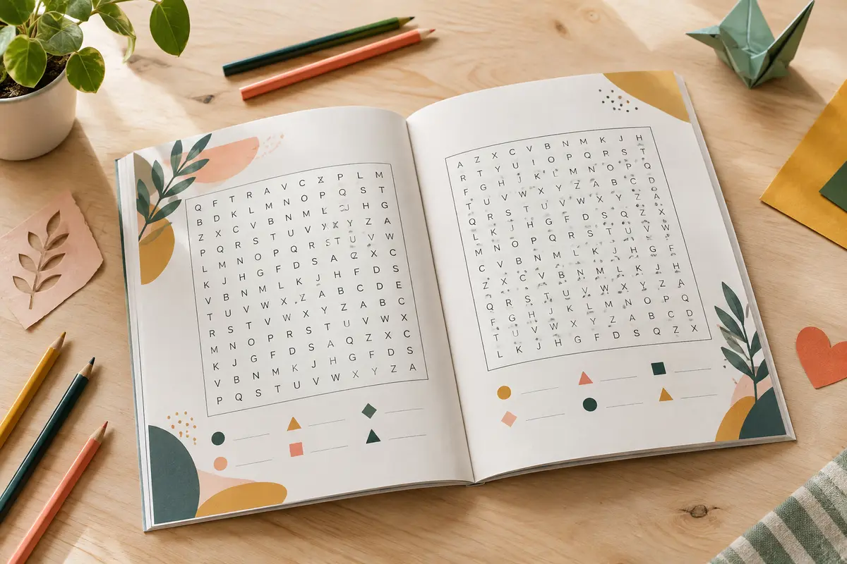 Livre de mots mêlés ouvert sur une table claire, accompagné de crayons de couleur et de papiers découpés.