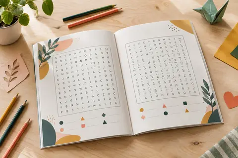 Livre de mots mêlés ouvert sur une table claire, accompagné de crayons de couleur et de papiers découpés.