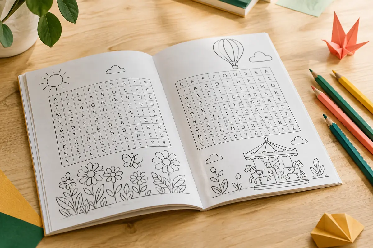 Livre de mots mêlés ouvert sur une table claire, avec des grilles, des dessins à colorier et des crayons.