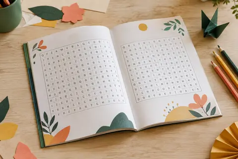 Cahier de mots mêlés ouvert sur une table claire, accompagné de crayons et de papiers colorés.