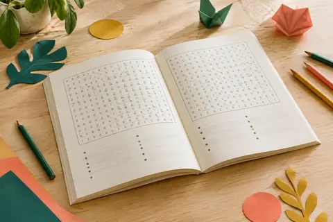 Livre de mots mêlés ouvert sur une table claire, accompagné de crayons et de papiers colorés.