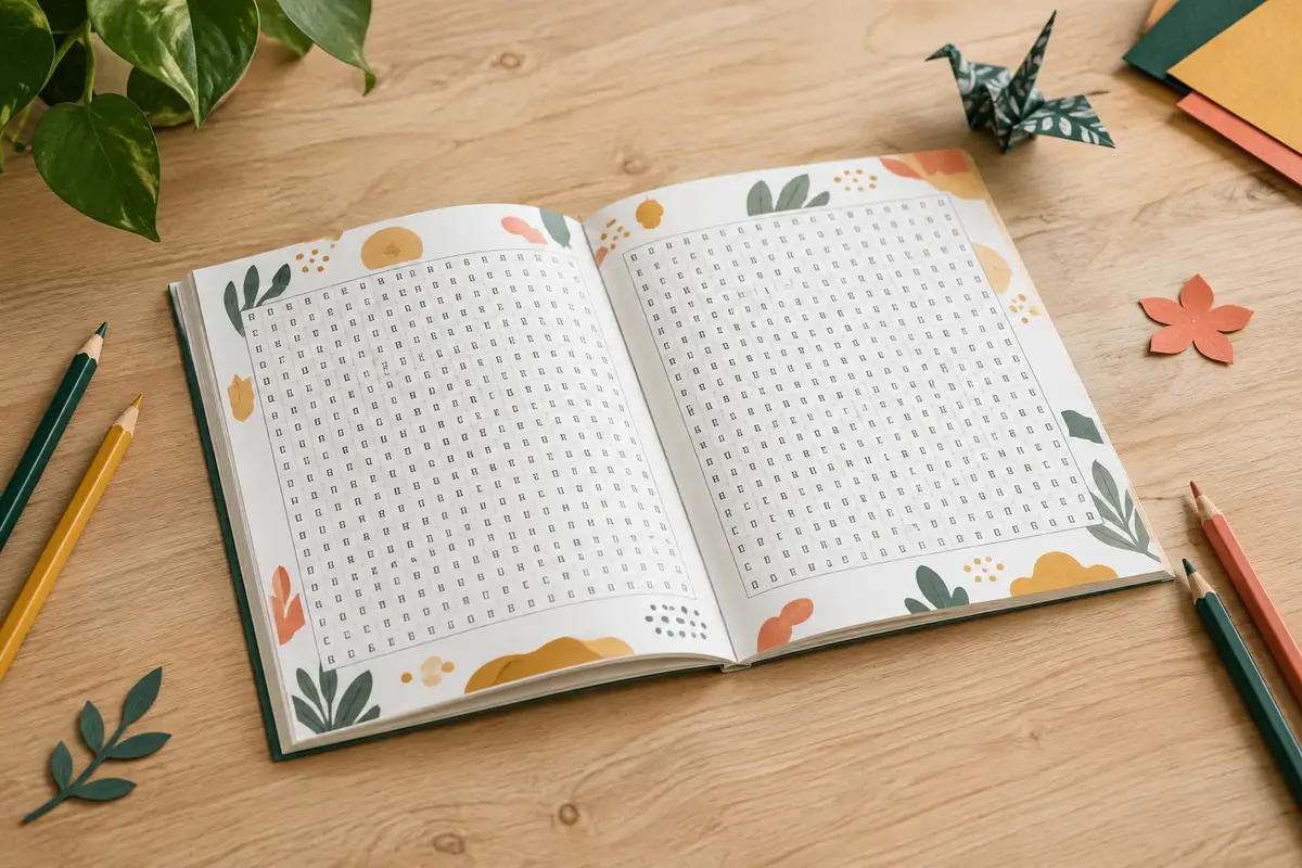 Cahier de mots mêlés ouvert sur une table claire, accompagné de crayons de couleur et de papiers