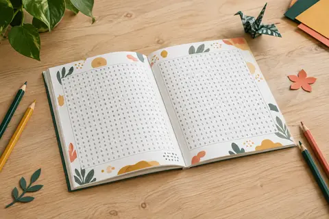 Cahier de mots mêlés ouvert sur une table claire, accompagné de crayons de couleur et de papiers