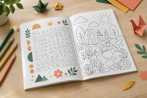 Cahier de mots mêlés ouvert avec une grille de jeu et une illustration à colorier sur une table claire.