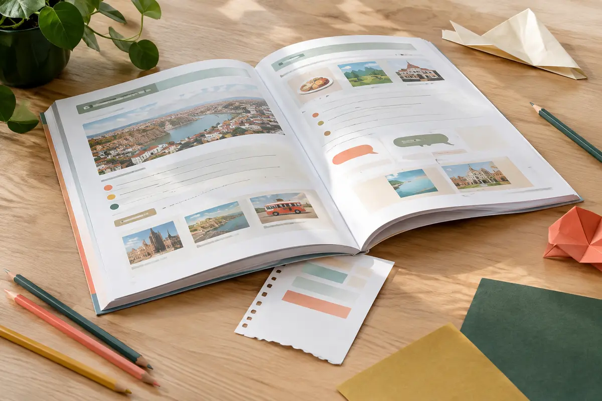 Cahier d’anglais broché ouvert sur une table en bois clair, accompagné de crayons et d’une partie détachable