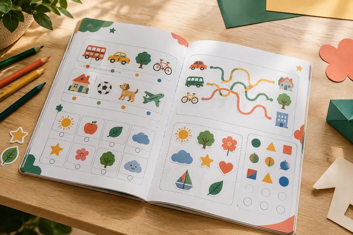 Cahier d’anglais maternelle ouvert sur une table claire, avec crayons et autocollants.
