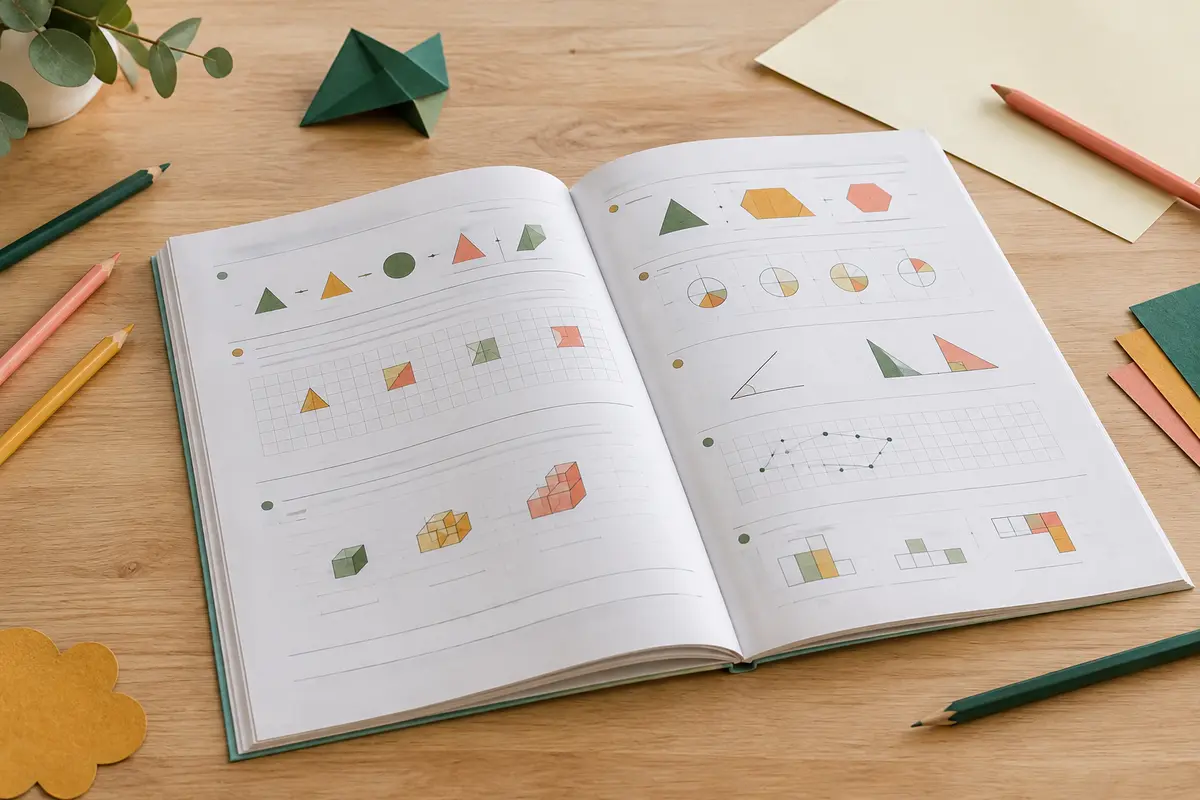 Cahier de mathématiques ouvert sur une table en bois clair, accompagné de quelques crayons de couleur.