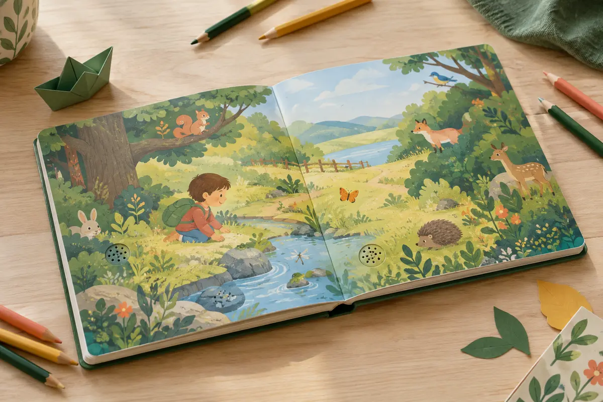 Livre sonore ouvert avec des scènes illustrées d’animaux à retrouver et des puces interactives