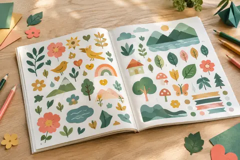 Grand cahier d’autocollants ouvert sur une table, accompagné de crayons et de papiers colorés