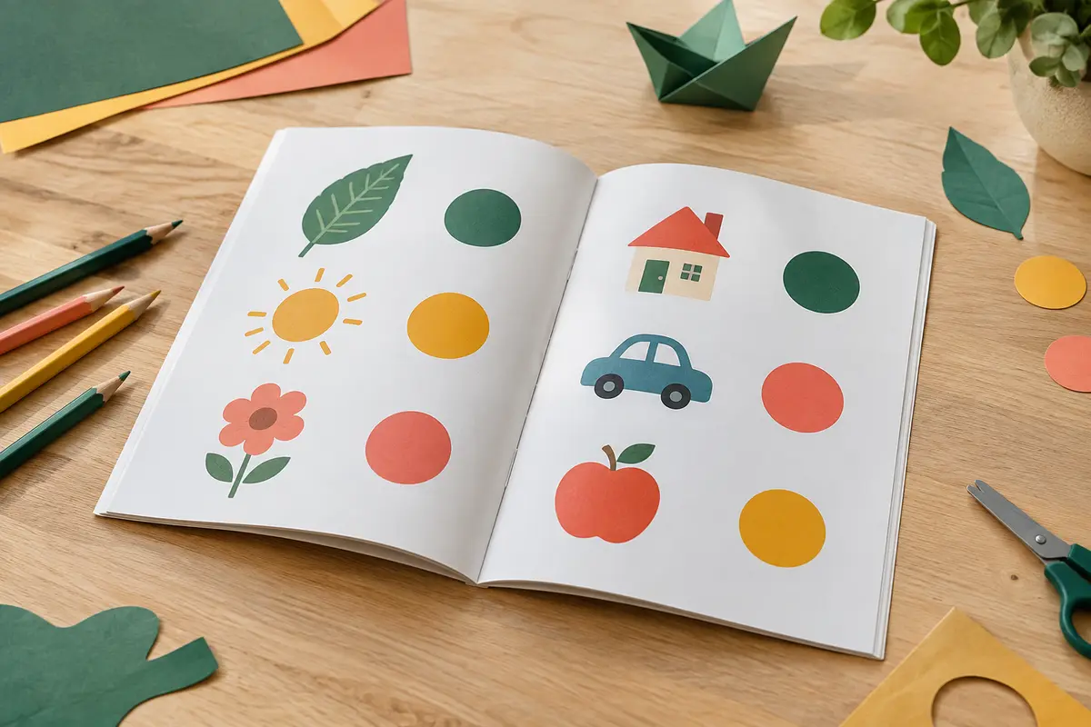 Cahier d’activités ouvert avec des objets illustrés et des gommettes rondes colorées à associer.