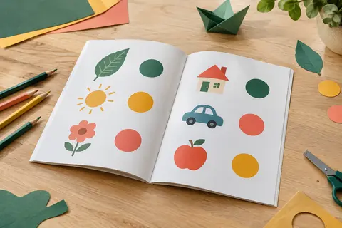 Cahier d’activités ouvert avec des objets illustrés et des gommettes rondes colorées à associer.