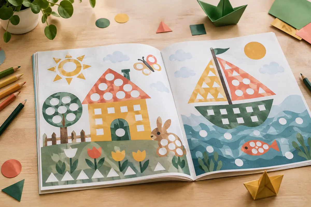 Cahier de gommettes ouvert sur une table claire avec des décors illustrés et quelques crayons de couleur.