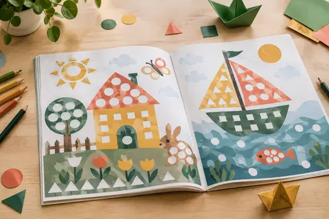 Cahier de gommettes ouvert sur une table claire avec des décors illustrés et quelques crayons de couleur.