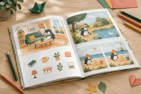 Livre cherche et trouve ouvert sur une table claire, avec des scènes illustrées et des crayons de couleur.