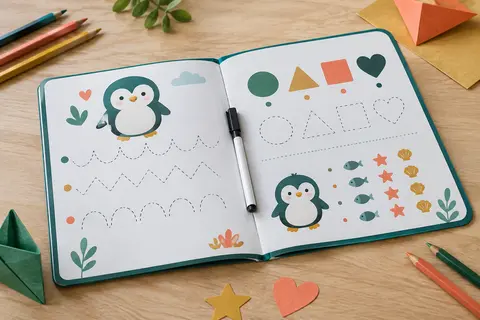 Cahier ardoise effaçable ouvert sur une table claire, avec activités illustrées et crayons de couleur.