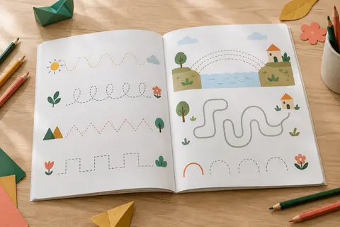 Cahier d’activités effaçable ouvert sur des tracés graphiques, avec quelques crayons de couleur