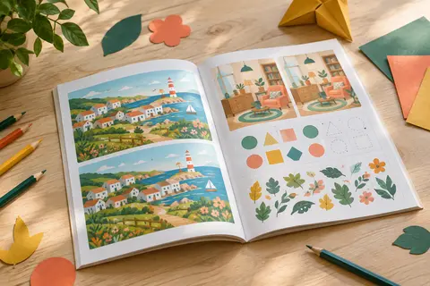 Livre de jeux des différences ouvert sur des illustrations colorées, avec des crayons sur une table claire.