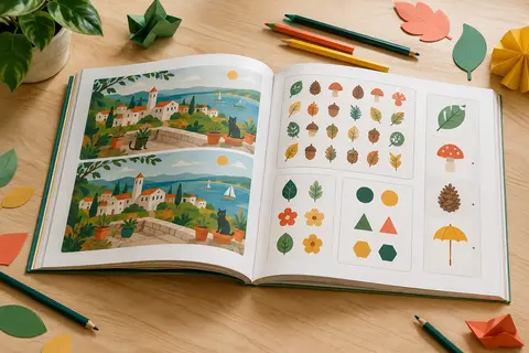 Livre de jeux des différences ouvert sur une table claire, avec illustrations en couleur et crayons.