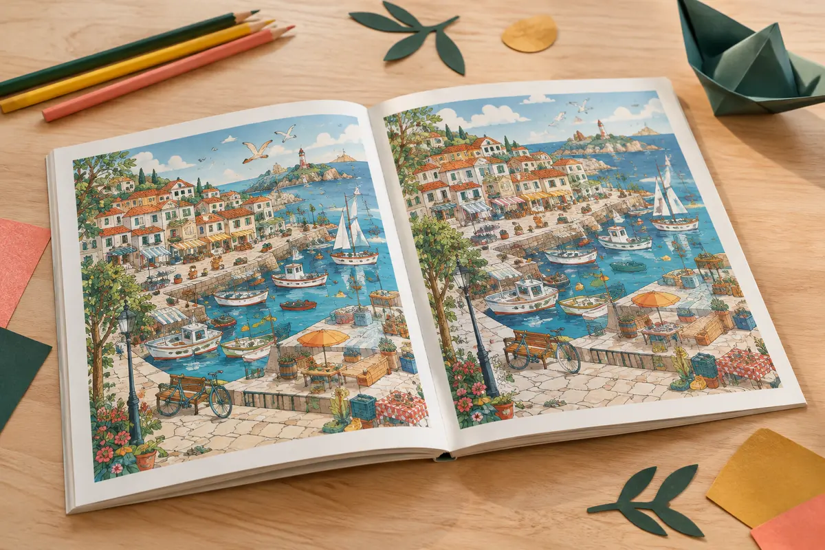 Livre de jeux des différences ouvert sur des illustrations en couleur, avec quelques crayons sur une table claire.
