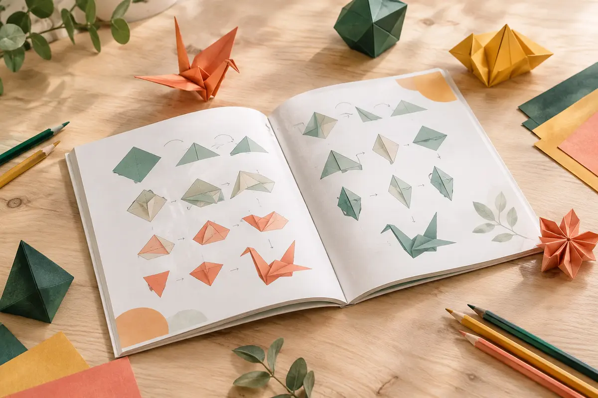 Livre d’origami ouvert sur une table claire, entouré de feuilles pliées et de crayons de couleur.