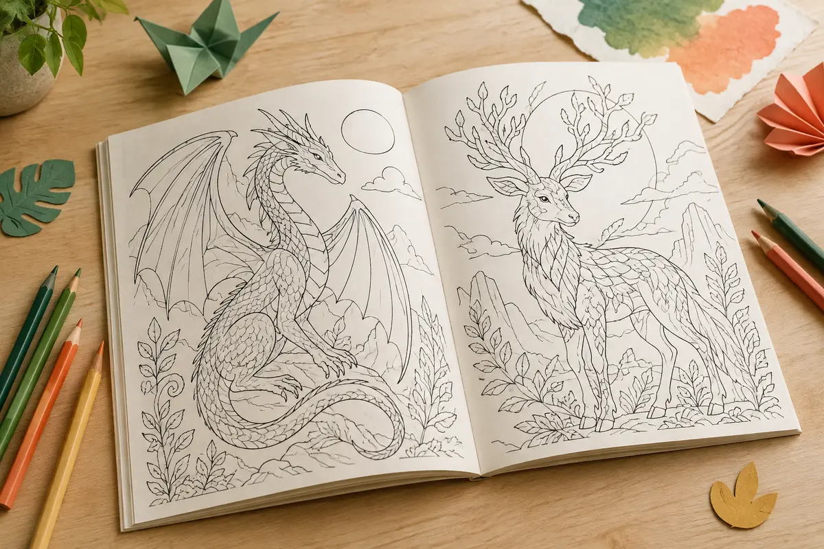 Livre de coloriage Pokémon ouvert avec des illustrations en noir et blanc et des crayons sur une table claire.