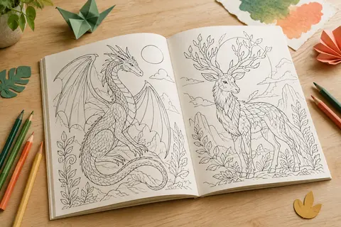 Livre de coloriage Pokémon ouvert avec des illustrations en noir et blanc et des crayons sur une table claire.