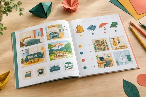 Livre interactif ouvert sur une table claire, entouré de crayons de couleur et de formes en papier