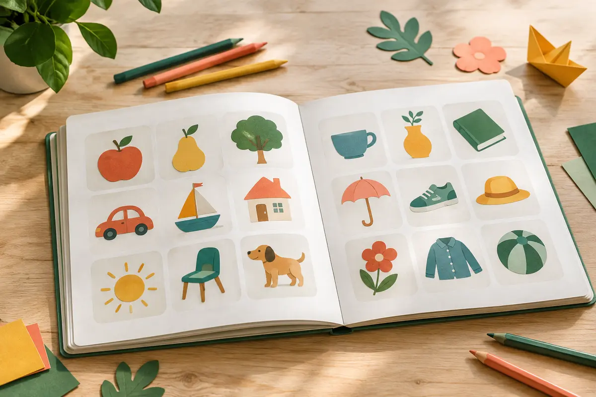 Livre interactif de vocabulaire anglais ouvert sur une table claire avec quelques crayons de couleur