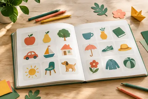 Livre interactif de vocabulaire anglais ouvert sur une table claire avec quelques crayons de couleur