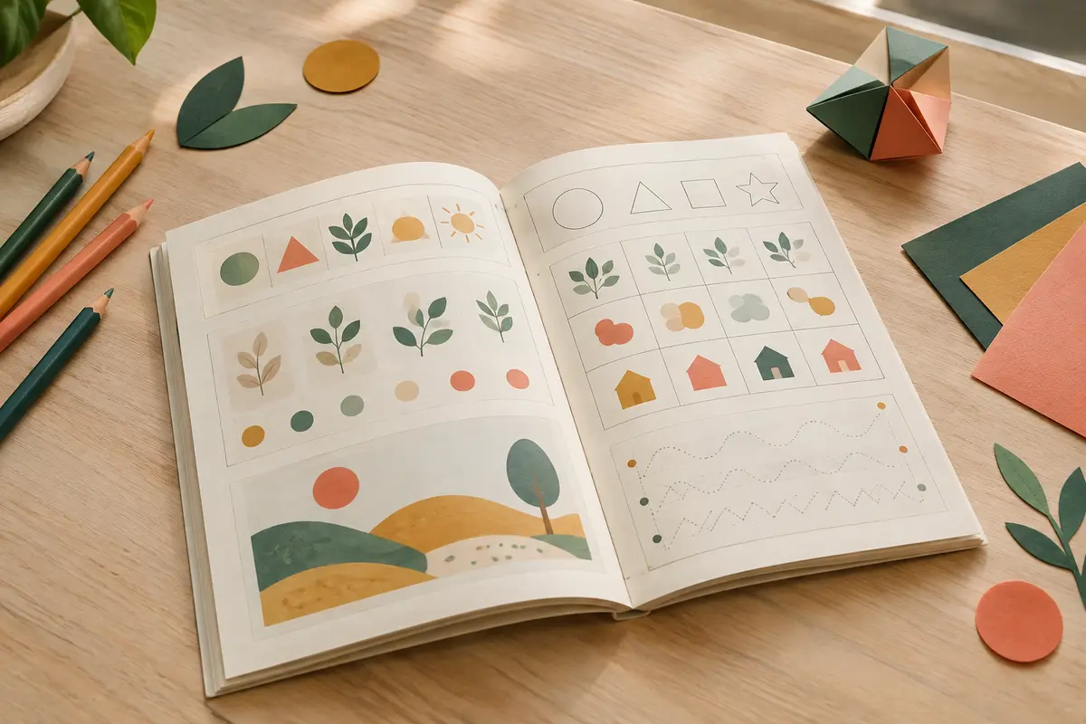 Cahier de jeux d’anglais ouvert sur une table en bois clair, accompagné de crayons de couleur