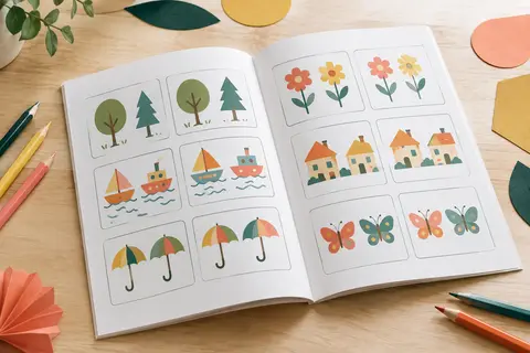 Cahier de jeux des différences ouvert sur une table claire, accompagné de crayons de couleur