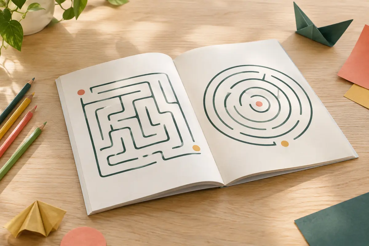 Cahier broché de labyrinthes ouvert sur une table en bois clair, accompagné de crayons de couleur