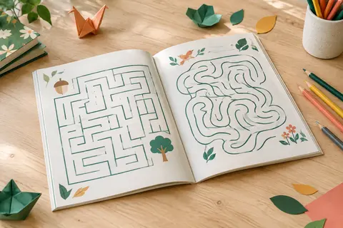 Cahier de labyrinthes ouvert sur une table en bois clair, accompagné de crayons et de papier plié.