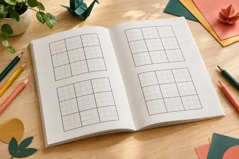 Cahier de sudoku ouvert sur une table en bois clair, accompagné de quelques crayons de couleur.