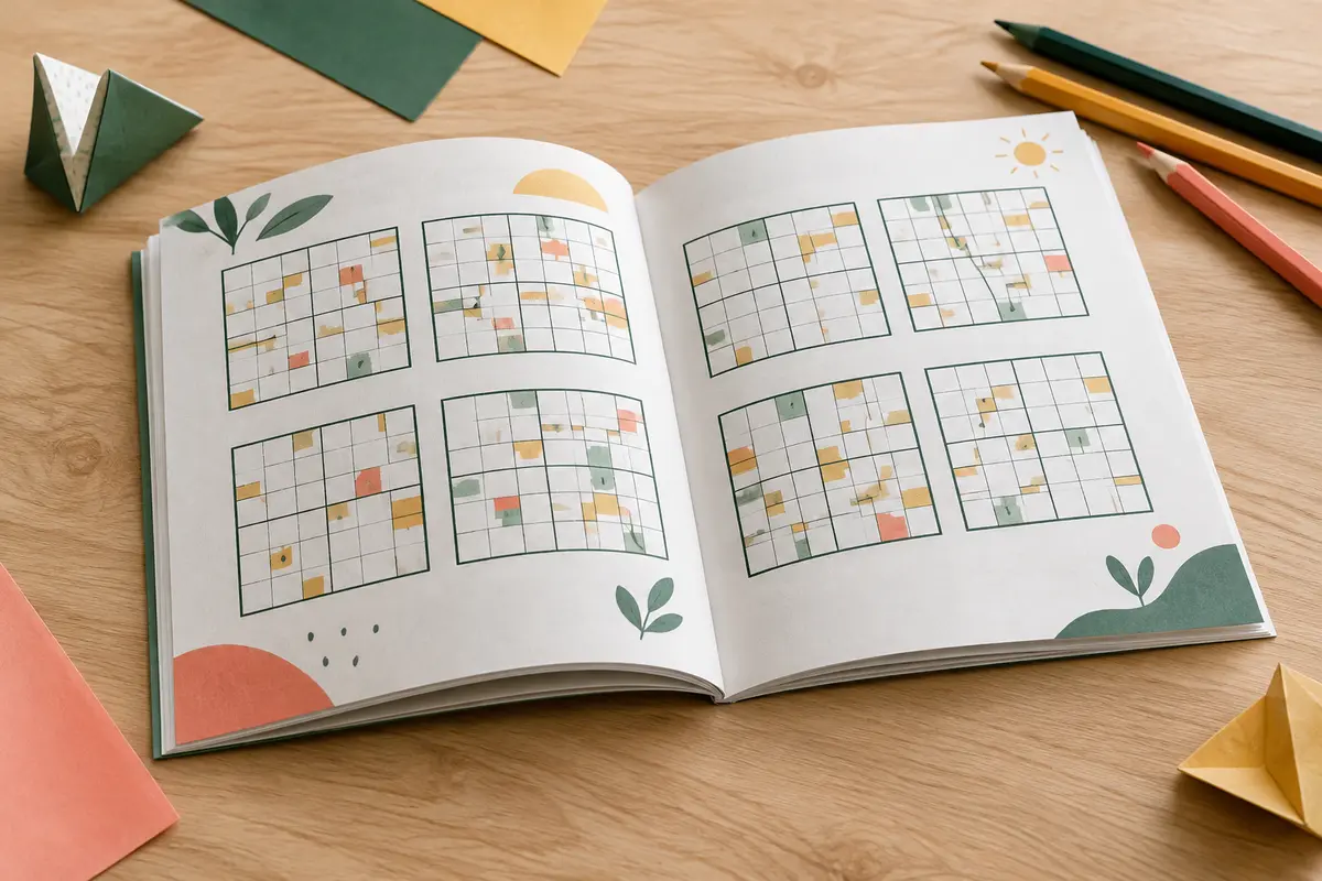 Livre de sudoku pour enfant ouvert sur une table claire, avec des grilles et quelques crayons à côté.