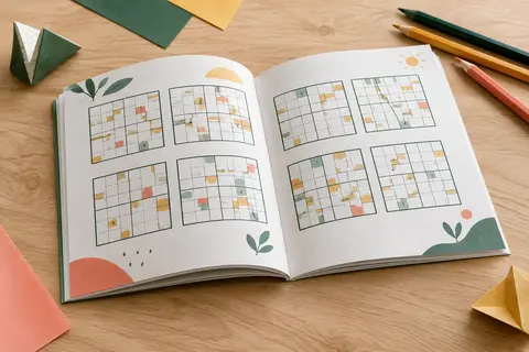 Livre de sudoku pour enfant ouvert sur une table claire, avec des grilles et quelques crayons à côté.