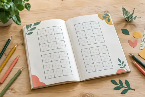 Cahier de sudoku ouvert sur une table claire, accompagné de crayons de couleur.
