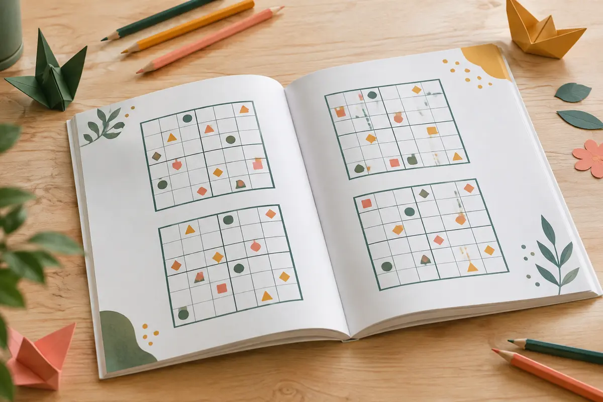Livre de sudoku ouvert sur une table en bois clair, entouré de quelques crayons et de formes en papier.