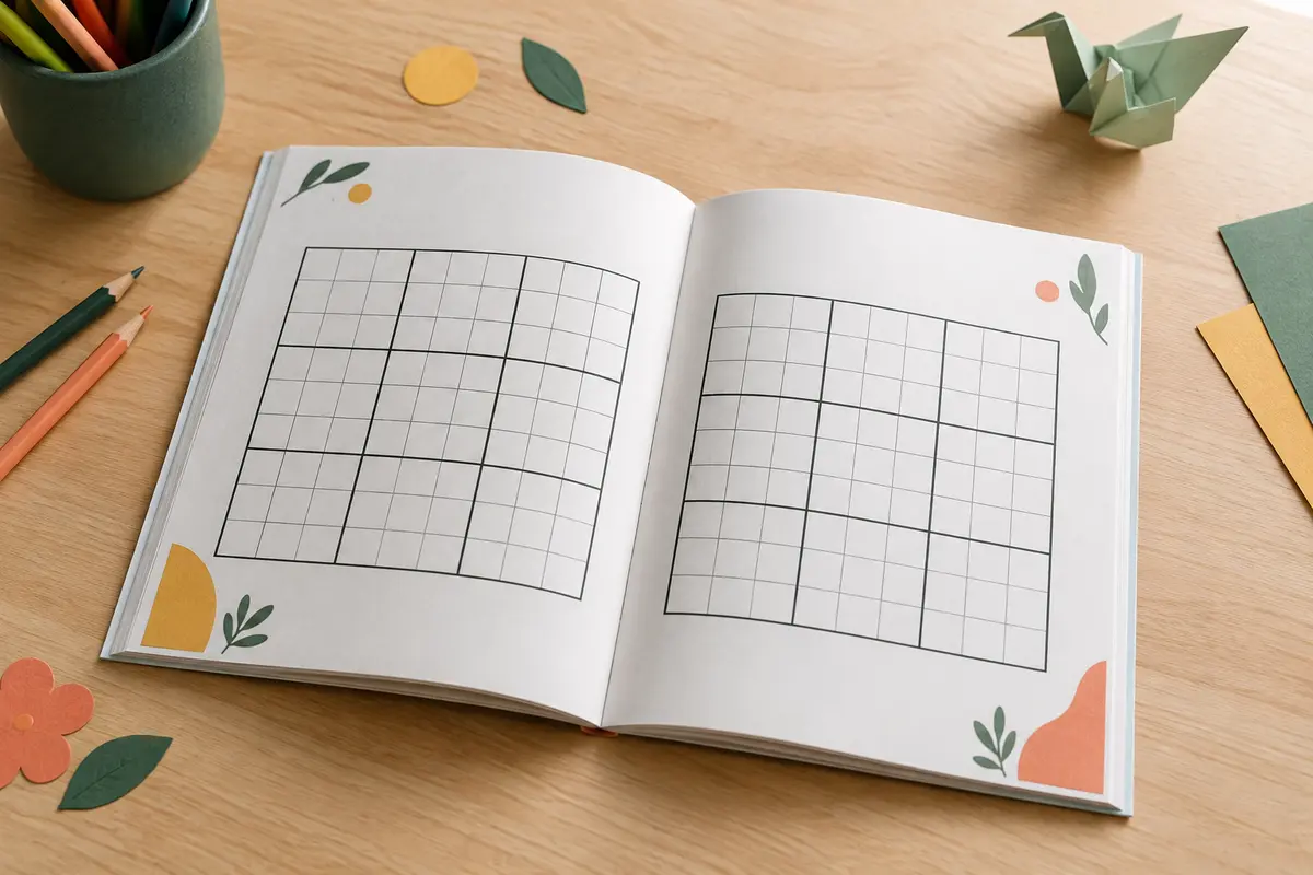 Livre de sudoku ouvert sur une table en bois clair, accompagné de crayons et de grilles 9x9.