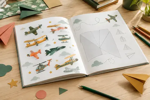 Bloc d’activités ouvert avec des feuilles illustrées et plusieurs avions en papier pliés sur une table claire.