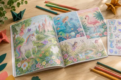 Livre d’autocollants ouvert sur des scènes féeriques, avec des vignettes brillantes et des crayons de couleur.