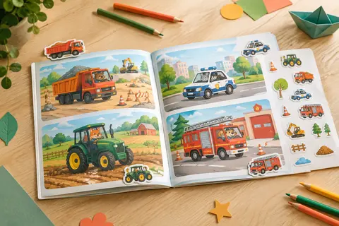 Livre d’autocollants ouvert sur des scènes de camions et de tracteurs, avec quelques autocollants à côté.