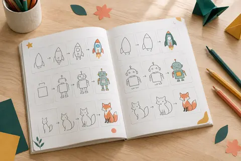 Livre de dessin ouvert sur des étapes illustrées, accompagné de crayons de couleur sur une table claire.