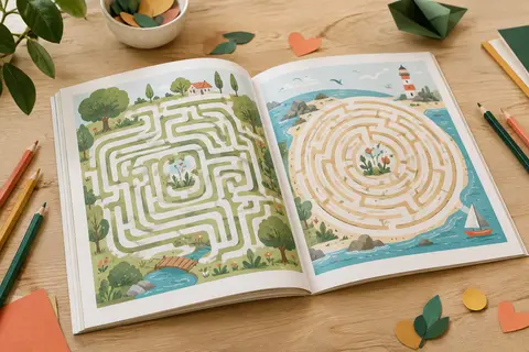Livre de labyrinthes illustrés ouvert sur une table en bois clair, accompagné de crayons de couleur