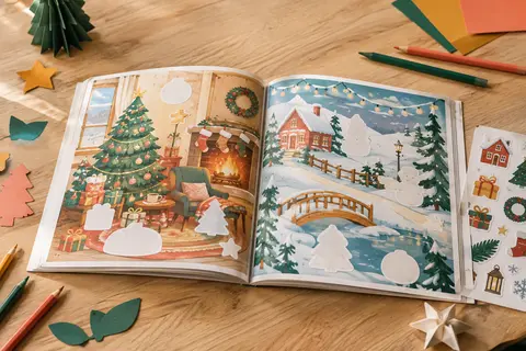 Livre d’autocollants de Noël ouvert sur des scènes festives, posé sur une table claire.