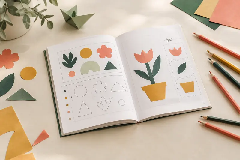 Cahier d’activités ouvert accompagné de crayons et de formes en papier